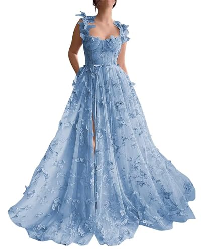 Frauen 3D Schmetterling Tüll Abendkleider Stickerei Spitze Spaghetti Träger Formelle Ballkleider mit Schlitz(B-Dusty Blau,36) von Beyonddress