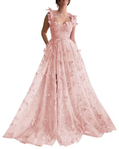 Frauen 3D Schmetterling Tüll Abendkleider Stickerei Spitze Spaghetti Träger Formelle Ballkleider mit Schlitz(B-Erröten,42) von Beyonddress