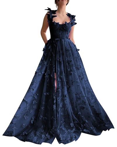 Frauen 3D Schmetterling Tüll Abendkleider Stickerei Spitze Spaghetti Träger Formelle Ballkleider mit Schlitz(B-Navy Blau,38) von Beyonddress