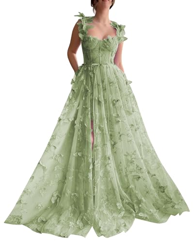Frauen 3D Schmetterling Tüll Abendkleider Stickerei Spitze Spaghetti Träger Formelle Ballkleider mit Schlitz(B-Salbei Grün,36) von Beyonddress