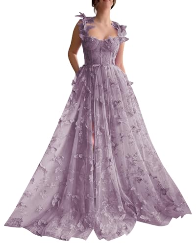 Frauen 3D Schmetterling Tüll Abendkleider Stickerei Spitze Spaghetti Träger Formelle Ballkleider mit Schlitz(B-Wisteria,48) von Beyonddress