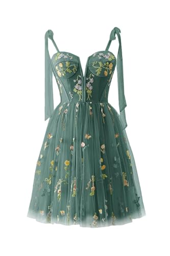 Frauen Blumen Stickerei Abendkleider Kurz Elegant Ballkleider Spaghetti Träger A Line Formale Party Kleider(C-Pfau,38) von Beyonddress