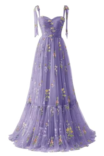 Frauen Blumen Stickerei Abendkleider Lang Elegant Ballkleider Spaghetti Träger A Line Formal Party Kleider(A-Violett,34) von Beyonddress
