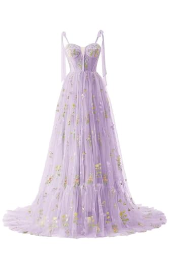 Frauen Blumen Stickerei Abendkleider Lang Elegant Ballkleider Spaghetti Träger A Line Formal Party Kleider(B-Lilac,38) von Beyonddress