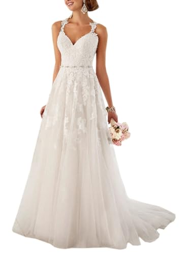 Frauen Boho Brautkleider Lang Elegant Spaghettiträger Spitze Strand Brautmode A-Linie Tüll Hochzeitskleider Elfenbein 01,DE38 von Beyonddress