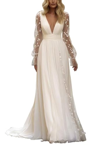 Frauen Boho Spitze Brautkleider für Braut Langarm V-Ausschnitt A-Linie Hochzeitskleider mit Zug,Elfenbein 13,DE38 von Beyonddress