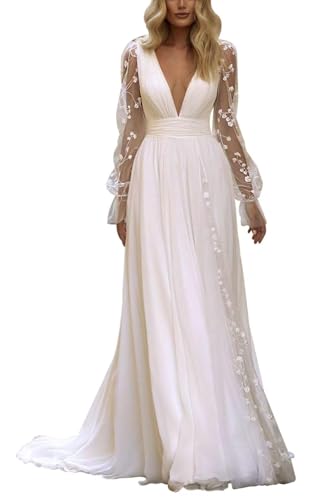 Frauen Boho Spitze Brautkleider für Braut Langarm V-Ausschnitt A-Linie Hochzeitskleider mit Zug,Weiß 13,DE52 von Beyonddress