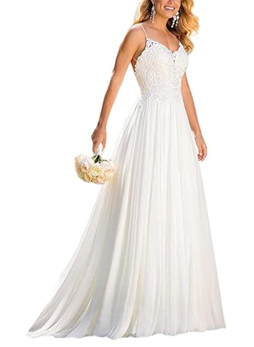 Frauen Chiffon Hochzeitskleider mit Applique Spaghetti-Träger Spitze Elegant Brautkleider Lang Abendkleider,Weiß,DE34 von Beyonddress