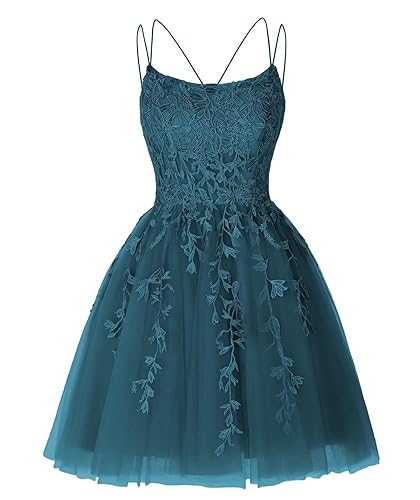 Frauen Spaghetti Träger Abendkleider Tüll Kurze Spitze Appliques Ballkleider Cocktailkleider(Teal,34) von Beyonddress
