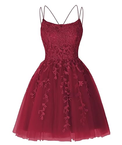 Frauen Spaghetti Träger Abendkleider Tüll Kurze Spitze Appliques Ballkleider Cocktailkleider(Weinrrot,34) von Beyonddress