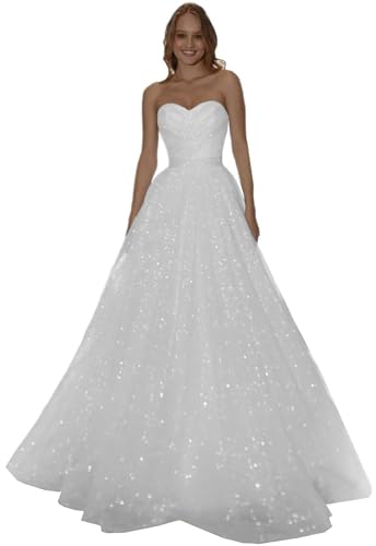 Frauen Sparkle Tüll Brautkleider für Braut Flowy A-Linie Hochzeitskleid mit Schleife Trägerlos Strand Brautkleid Weiß 03,DE38 von Beyonddress