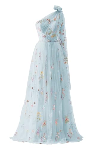 Frauen Tüll Eine Schulter Abendkleider Lange Ballkleider Blume Stickerei Bodenlang A-Linie Formelle Party Kleider(A-Blau,42) von Beyonddress