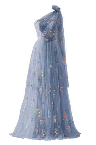 Frauen Tüll Eine Schulter Abendkleider Lange Ballkleider Blume Stickerei Bodenlang A-Linie Formelle Party Kleider(A-Dusty Blau,50) von Beyonddress