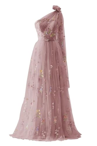 Frauen Tüll Eine Schulter Abendkleider Lange Ballkleider Blume Stickerei Bodenlang A-Linie Formelle Party Kleider(A-Dusty Rosa,34) von Beyonddress