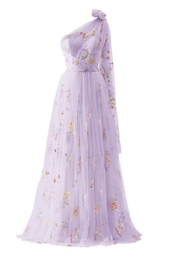 Frauen Tüll Eine Schulter Abendkleider Lange Ballkleider Blume Stickerei Bodenlang A-Linie Formelle Party Kleider(A-Lilac,36) von Beyonddress