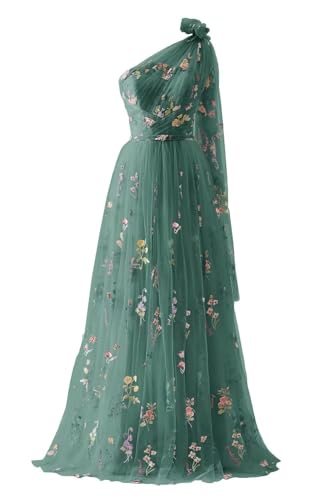 Frauen Tüll Eine Schulter Abendkleider Lange Ballkleider Blume Stickerei Bodenlang A-Linie Formelle Party Kleider(A-Pfau,40) von Beyonddress