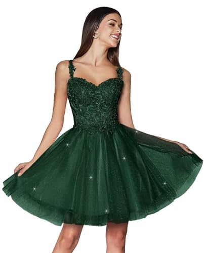 Glitter Tüll Abendkleider Kurz Spitze Homecoming Kleider Applikation Spaghetti Träger Ballkleid(Dunkelgrün,32) von Beyonddress