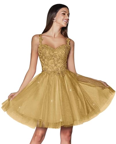 Glitter Tüll Abendkleider Kurz Spitze Homecoming Kleider Applikation Spaghetti Träger Ballkleid(Gold,34) von Beyonddress