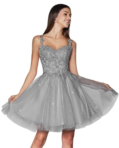 Glitter Tüll Abendkleider Kurz Spitze Homecoming Kleider Applikation Spaghetti Träger Ballkleid(Silber,38) von Beyonddress