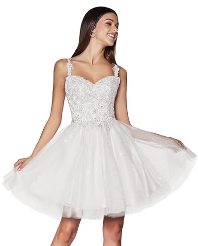 Glitter Tüll Abendkleider Kurz Spitze Homecoming Kleider Applikation Spaghetti Träger Ballkleid(Weiß,34) von Beyonddress
