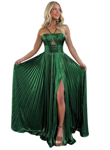 Metallic Sparkly Satin Abendkleider Lang Halter Ballkleid A Linie Abschlussball Kleider für Frauen(A Dunkelgrün,36) von Beyonddress