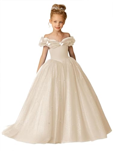 Off Shouler Blumenmädchen Kleider für Hochzeit Puffy Tüll Perlen A-Linie Prinzessin Geburtstag Festtagskleid mit Bowknot Champagne 11 von Beyonddress