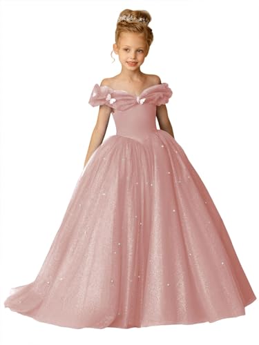 Off Shouler Blumenmädchen Kleider für Hochzeit Puffy Tüll Perlen A-Linie Prinzessin Geburtstag Festtagskleid mit Bowknot Dusty Rose 8 von Beyonddress