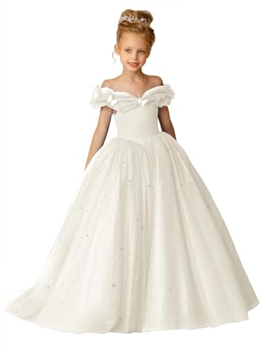 Off Shouler Blumenmädchen Kleider für Hochzeit Puffy Tüll Perlen A-Linie Prinzessin Geburtstag Festtagskleid mit Bowknot Elfenbein 5 von Beyonddress