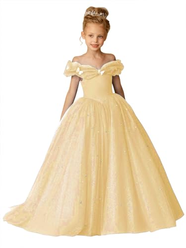 Off Shouler Blumenmädchen Kleider für Hochzeit Puffy Tüll Perlen A-Linie Prinzessin Geburtstag Festtagskleid mit Bowknot Gold 11 von Beyonddress