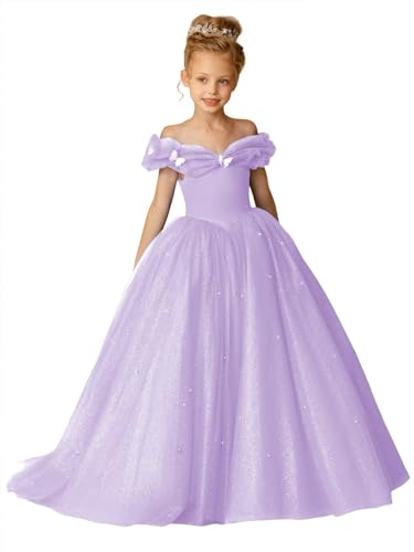 Off Shouler Blumenmädchen Kleider für Hochzeit Puffy Tüll Perlen A-Linie Prinzessin Geburtstag Festtagskleid mit Bowknot Lilac 3 von Beyonddress