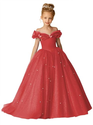 Off Shouler Blumenmädchen Kleider für Hochzeit Puffy Tüll Perlen A-Linie Prinzessin Geburtstag Festtagskleid mit Bowknot Rot 13 von Beyonddress