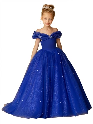 Off Shouler Blumenmädchen Kleider für Hochzeit Puffy Tüll Perlen A-Linie Prinzessin Geburtstag Festtagskleid mit Bowknot Royalblau 14 von Beyonddress