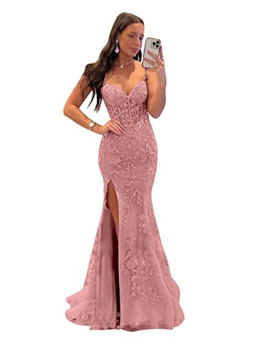 Schlank Ballkleider Spaghetti Träger Spitze Applikationen Tüll Prom Kleider Lange Formelle Abendkleider für Frauen(Dusty Rose,42) von Beyonddress
