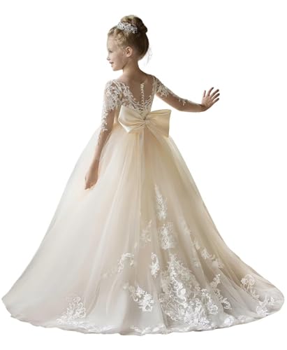 Tüll Spitze Blumenmädchen Kleider für Hochzeit Langarm Puffy A-Linie Prinzessin Geburtstag Partykleider mit Bowknot Champagne 9 von Beyonddress