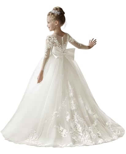 Tüll Spitze Blumenmädchen Kleider für Hochzeit Langarm Puffy A-Linie Prinzessin Geburtstag Partykleider mit Bowknot Elfenbein 14 von Beyonddress