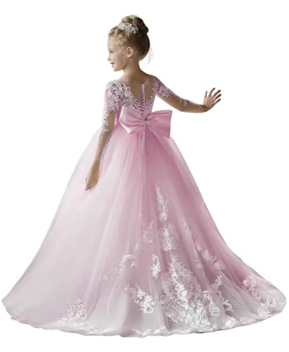 Tüll Spitze Blumenmädchen Kleider für Hochzeit Langarm Puffy A-Linie Prinzessin Geburtstag Partykleider mit Bowknot Rosa 10 von Beyonddress