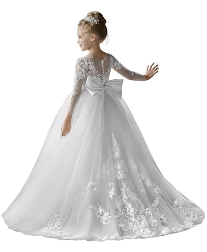 Tüll Spitze Blumenmädchen Kleider für Hochzeit Langarm Puffy A-Linie Prinzessin Geburtstag Partykleider mit Bowknot Weiß 10 von Beyonddress