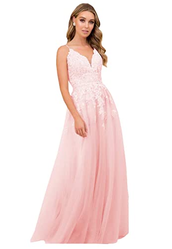 V-Ausschnitt A-Linie Abendkleider Spitze Applikationen Elegant Ballkleider Hochzeit Formale Hochzeitskleid(Rosa,32) von Beyonddress
