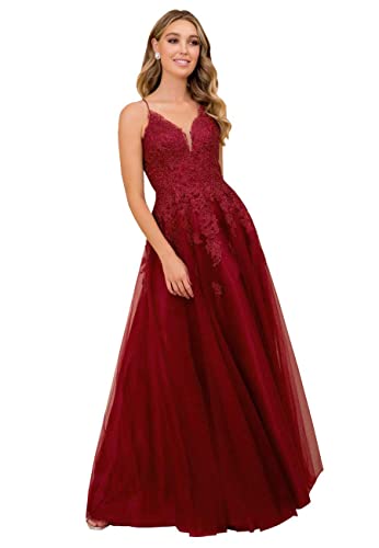 V-Ausschnitt A-Linie Abendkleider Spitze Applikationen Elegant Ballkleider Hochzeit Formale Hochzeitskleid(Weinrrot,38) von Beyonddress