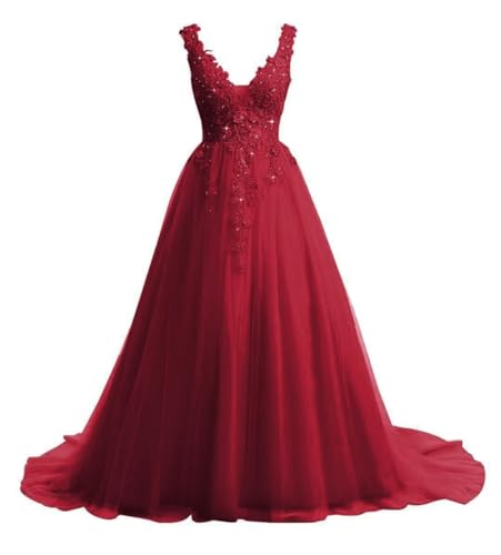V-Ausschnitt Tüll Abendkleider Spitze Applique Ballkleider A-Linie Formelle Kleider für Frauen Brautkleid(Weinrot,42) von Beyonddress