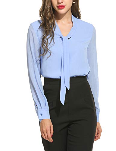 ACEVOG Damen V-Ausschnitt Schluppenbluse Chiffonbluse Langarmshirt Basic Bluse Einfarbig S, Hellblau von Beyove