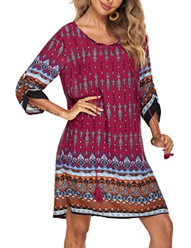 Beyove Bohemian Tunika Kleid Damen Strandkleid Tunikakleider Vintage Strandtunika 3/4-Arm Rundhals Kleid Blumenmuster Kurzes Sommerkleider Tops Muster 8 XXL von Beyove