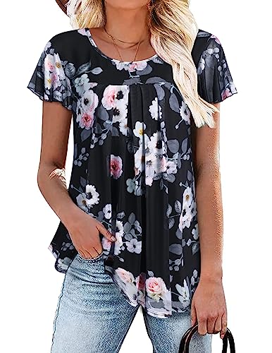 Beyove Damen Bluse Kurzarm Falten Shirts Sommer top Leicht Sommerblusen Tunika Doppellagig Rundhals Blusenshirt Basic Oberteile XL von Beyove