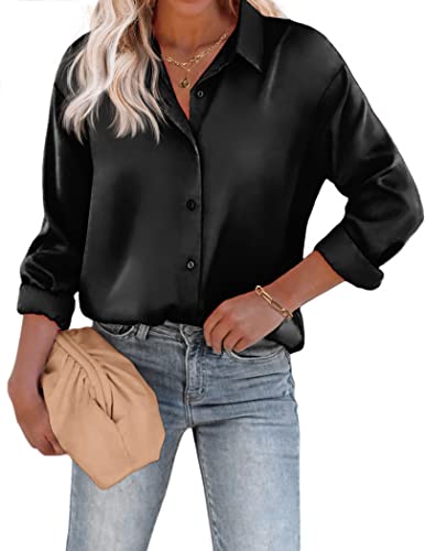 Beyove Damen Bluse Satin Büroblusen Elegant Langarm V-Ausschnitt Hemden Business Oberteile mit Knöpfen Lose Langarmshirt Schwarz M von Beyove