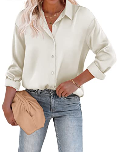 Beyove Damen Bluse Satin Seide Büroblusen V-Ausschnitt Hemden Elegant Langarm Business Oberteile mit Knöpfen Tops Lose Langarmshirt Beige XXL von Beyove