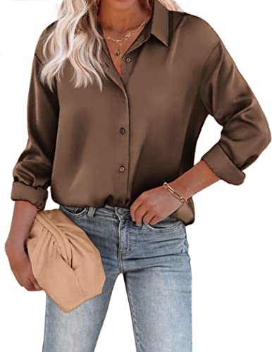 Beyove Damen Bluse Satin Seide Elegant V-Ausschnitt Hemden Langarm Casual Arbeit Oberteile mit Knöpfen Hemd Lose Langarmshirt Braun M von Beyove