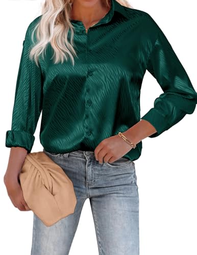 Beyove Damen Bluse Satin Seide Elegant V-Ausschnitt Hemden Langarm Casual Arbeit Oberteile mit Knöpfen Hemd Lose Langarmshirt Dunkelgrün Muster XL von Beyove