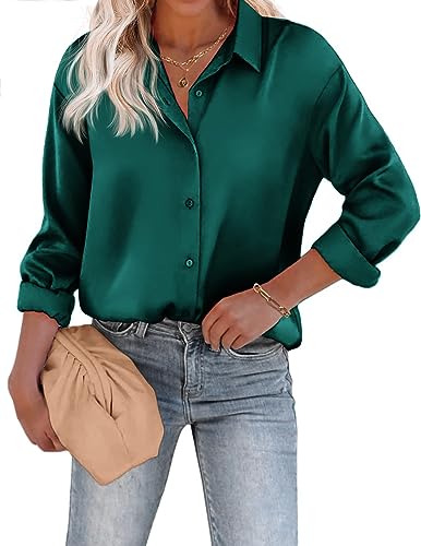 Beyove Damen Bluse Satin Seide Hemden Elegant Büroblusen Langarm Business Oberteile mit Knöpfen Tops Lose Langarmshirt Dunkelgrün L von Beyove