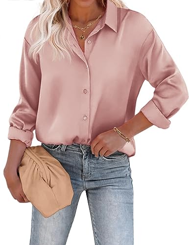 Beyove Damen Bluse Satin Seide V-Ausschnitt Hemden Elegant Business Oberteile mit Knöpfen Tops Langarmshirt Rosa XL von Beyove