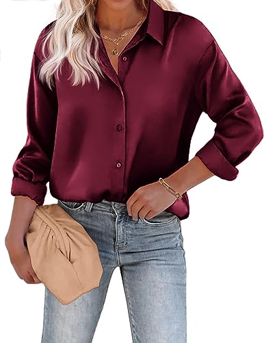 Beyove Damen Bluse Satin Seide V-Ausschnitt Hemden Elegant Langarm Business Oberteile mit Knöpfen Tops Lose Langarmshirt Rotwein XXL von Beyove